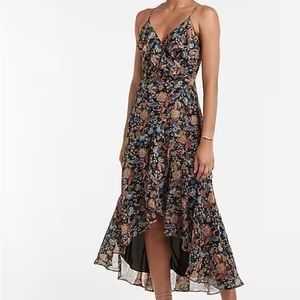 Floral Ruffle Wrap Hi-Lo Maxi Dress - Black, blue, orange